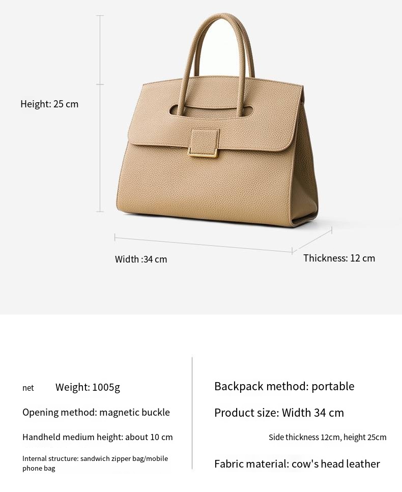 Womens Leather Handbag Large Capacity Textured Top Handle Tote with Gold Buckle